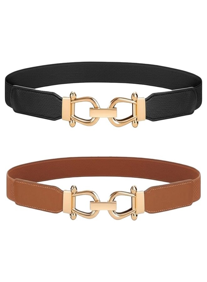 SLIPEXSAFE 2 Pcs Elastic Belts for Women, Black and Brown Belt with Gold Buckles, Dress Skinny Belts (Middle size) - Image 1